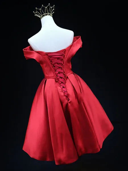 Elegant A-Line Off-Shoulder Ruched Lace-Up Satin Red Short Homecoming Dress