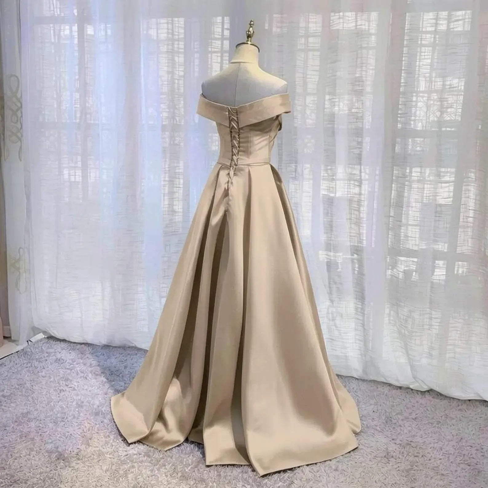 Elegant A-Line Off-Shoulder Ruched Satin Champagne Floor-Length Prom Dress