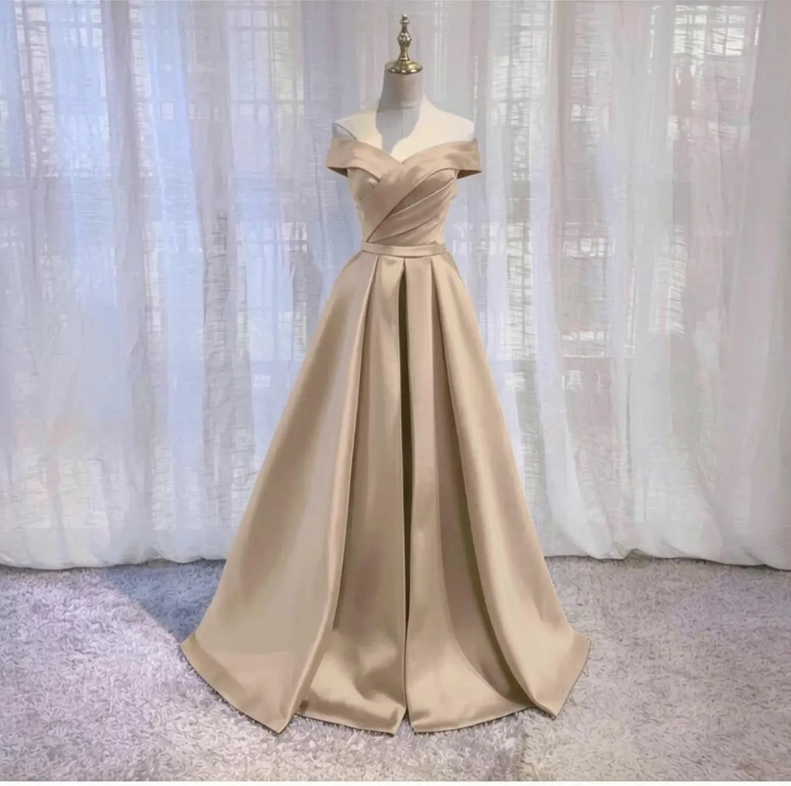 Elegant A-Line Off-Shoulder Ruched Satin Champagne Floor-Length Prom Dress