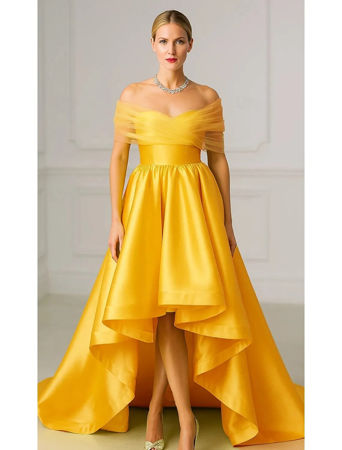 Elegant A-Line Off-Shoulder Ruffles Tulle Satin Yellow High-Low Prom Dress