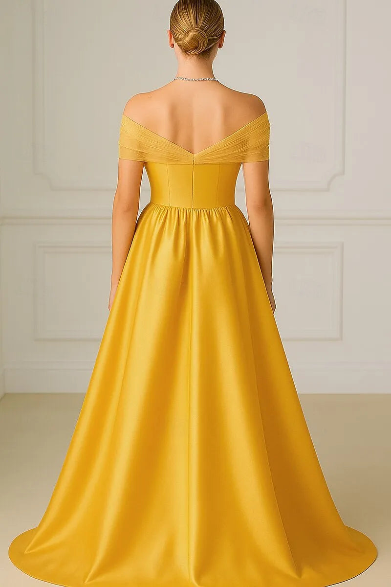 Elegant A-Line Off-Shoulder Ruffles Tulle Satin Yellow High-Low Prom Dress