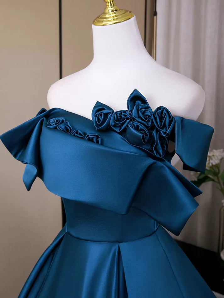 Elegant A-Line Off-the-Shoulder Cap Sleeve Flowers Satin Blue Prom Dress