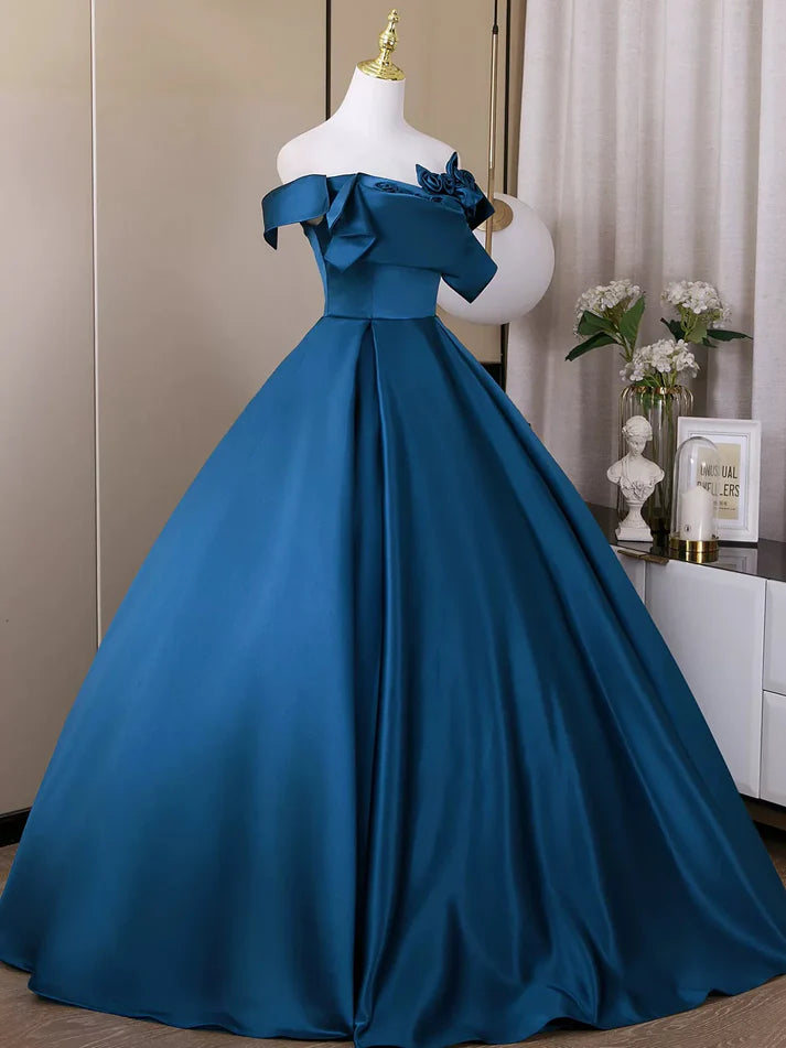 Elegant A-Line Off-the-Shoulder Cap Sleeve Flowers Satin Blue Prom Dress