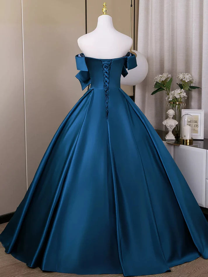 Elegant A-Line Off-the-Shoulder Cap Sleeve Flowers Satin Blue Prom Dress