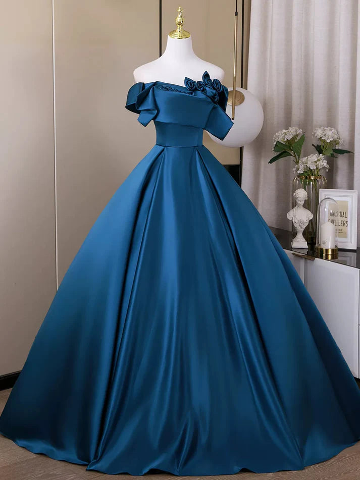 Elegant A-Line Off-the-Shoulder Cap Sleeve Flowers Satin Blue Prom Dress