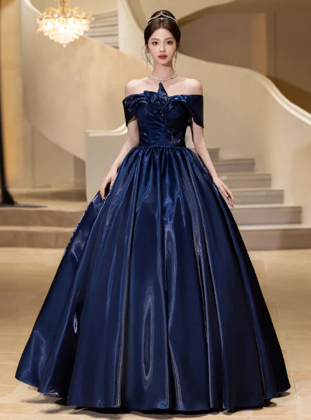 Elegant A-Line Off-the-Shoulder Cap Sleeve Satin Navy Blue Prom Dress