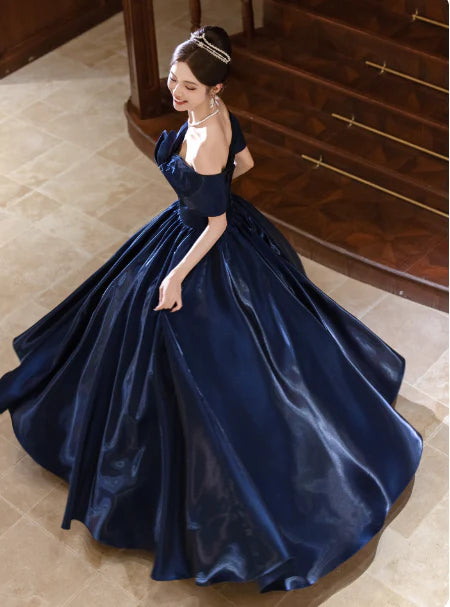 Elegant A-Line Off-the-Shoulder Cap Sleeve Satin Navy Blue Prom Dress