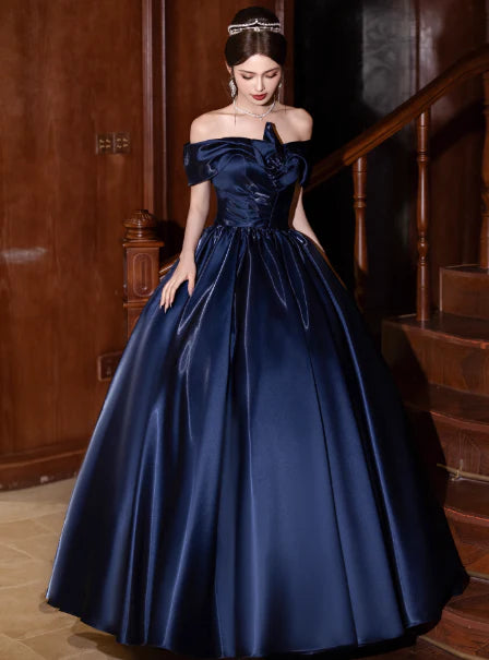 Elegant A-Line Off-the-Shoulder Cap Sleeve Satin Navy Blue Prom Dress