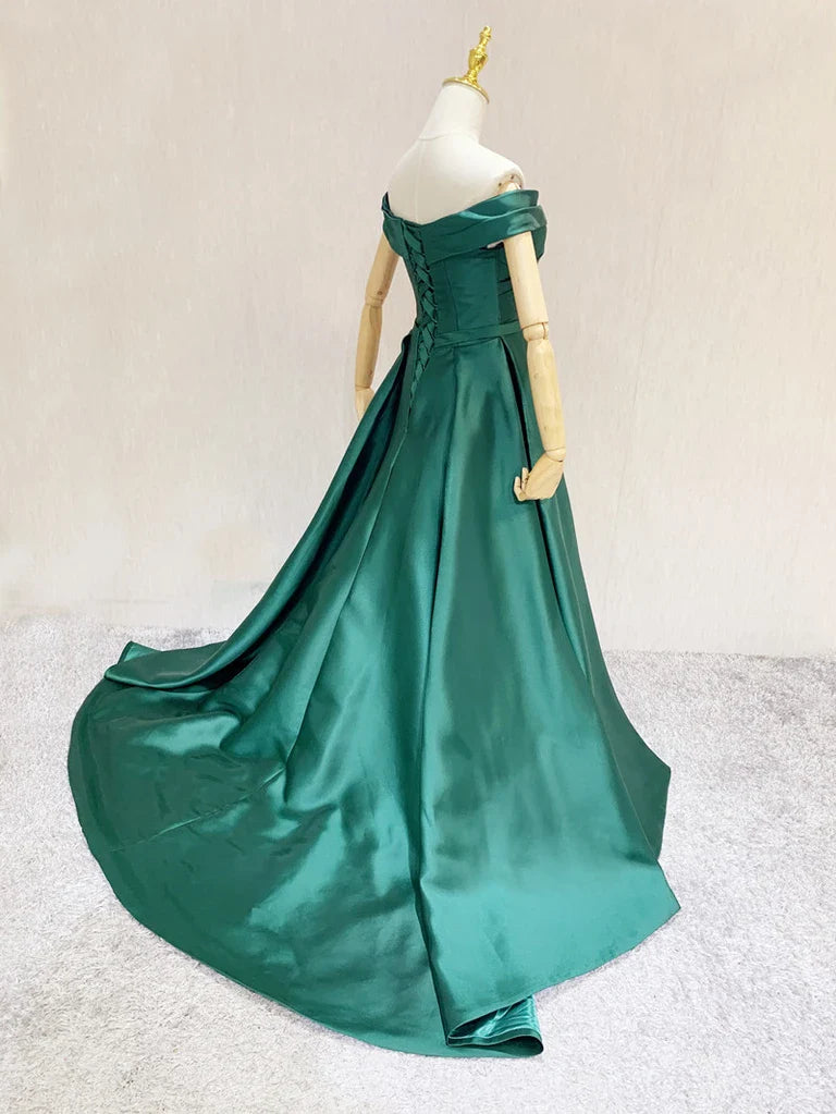 Elegant A-Line Off-the-Shoulder Pleated Satin Dark Green Prom Dress