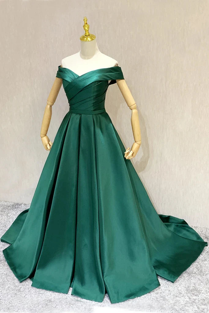 Elegant A-Line Off-the-Shoulder Pleated Satin Dark Green Prom Dress