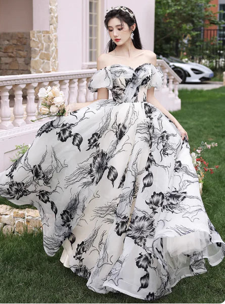 Elegant A-Line Off-the-shoulder Floral Chiffon Evening Dress Birthday Dress