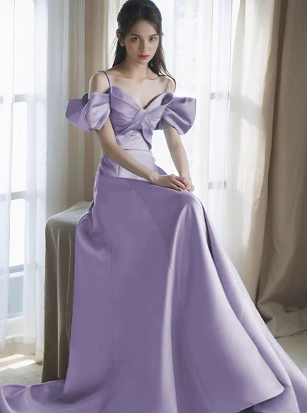 Elegant A-Line Off-the-shoulder Satin Lavender Long Prom Dress Evening Dress