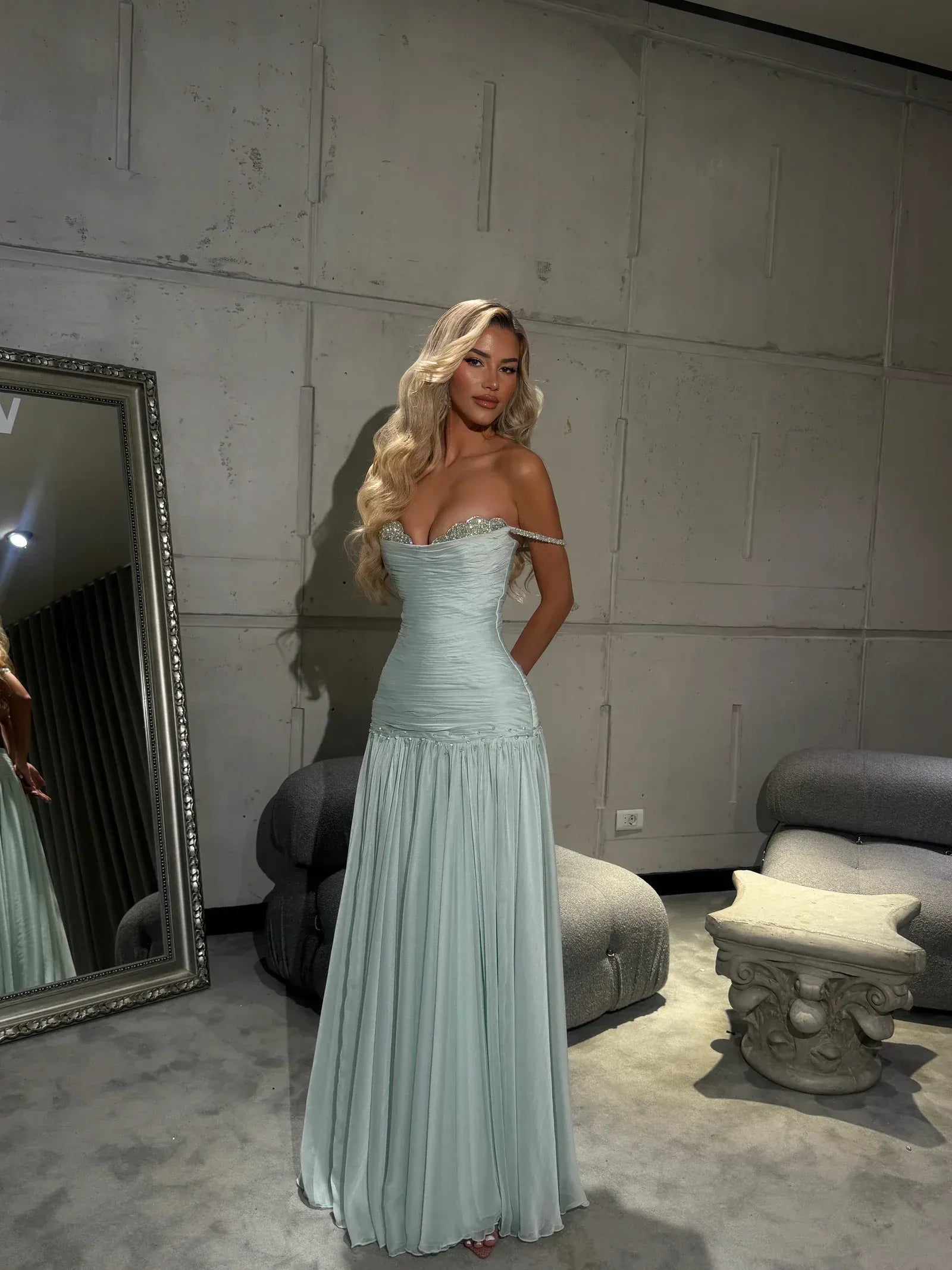 Elegant A-Line Off Shoulder Beaded Ruched Chiffon Mint Long Prom Dress