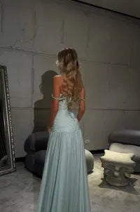 Elegant A-Line Off Shoulder Beaded Ruched Chiffon Mint Long Prom Dress