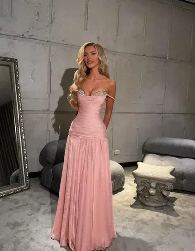 Elegant A-Line Off Shoulder Beaded Ruched Chiffon Mint Long Prom Dress