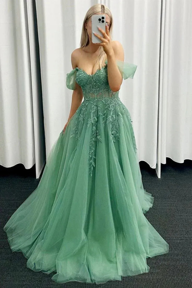 Elegant A-Line Off Shoulder Lace Applique Tulle Sage Green Prom Dress For Sale