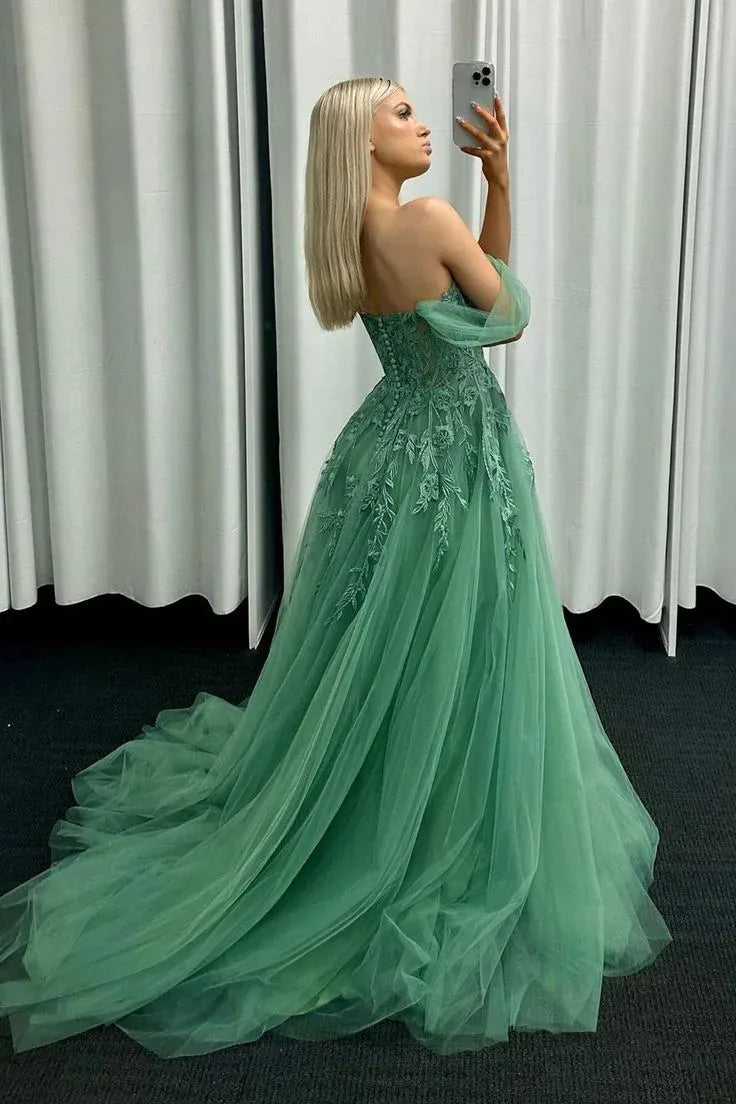 Elegant A-Line Off Shoulder Lace Applique Tulle Sage Green Prom Dress For Sale