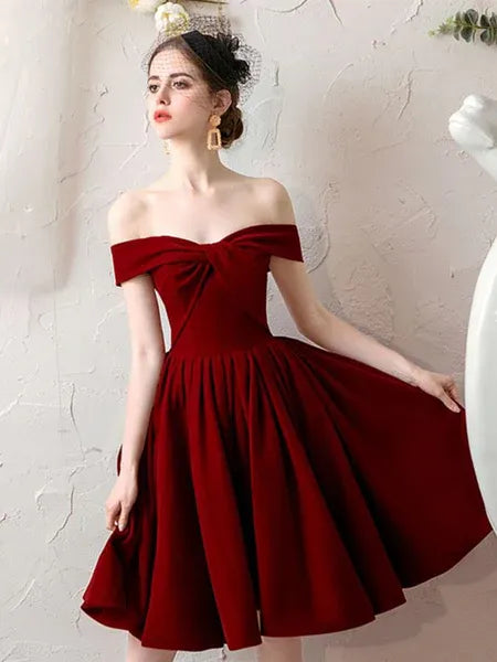 Elegant A-Line Off Shoulder Pleated Bow Burgundy Short Prom Dress For Sale