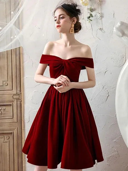 Elegant A-Line Off Shoulder Pleated Bow Burgundy Short Prom Dress For Sale