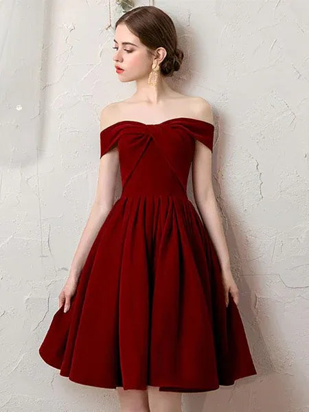 Elegant A-Line Off Shoulder Pleated Bow Burgundy Short Prom Dress For Sale