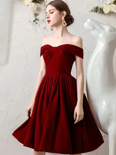 Elegant A-Line Off Shoulder Pleated Bow Burgundy Short Prom Dress For Sale