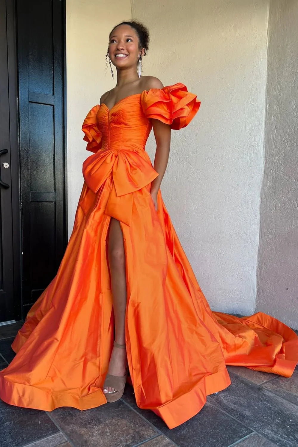 Elegant A-Line Off The Shoulder Slit Satin Orange Prom Dress With Bowknot