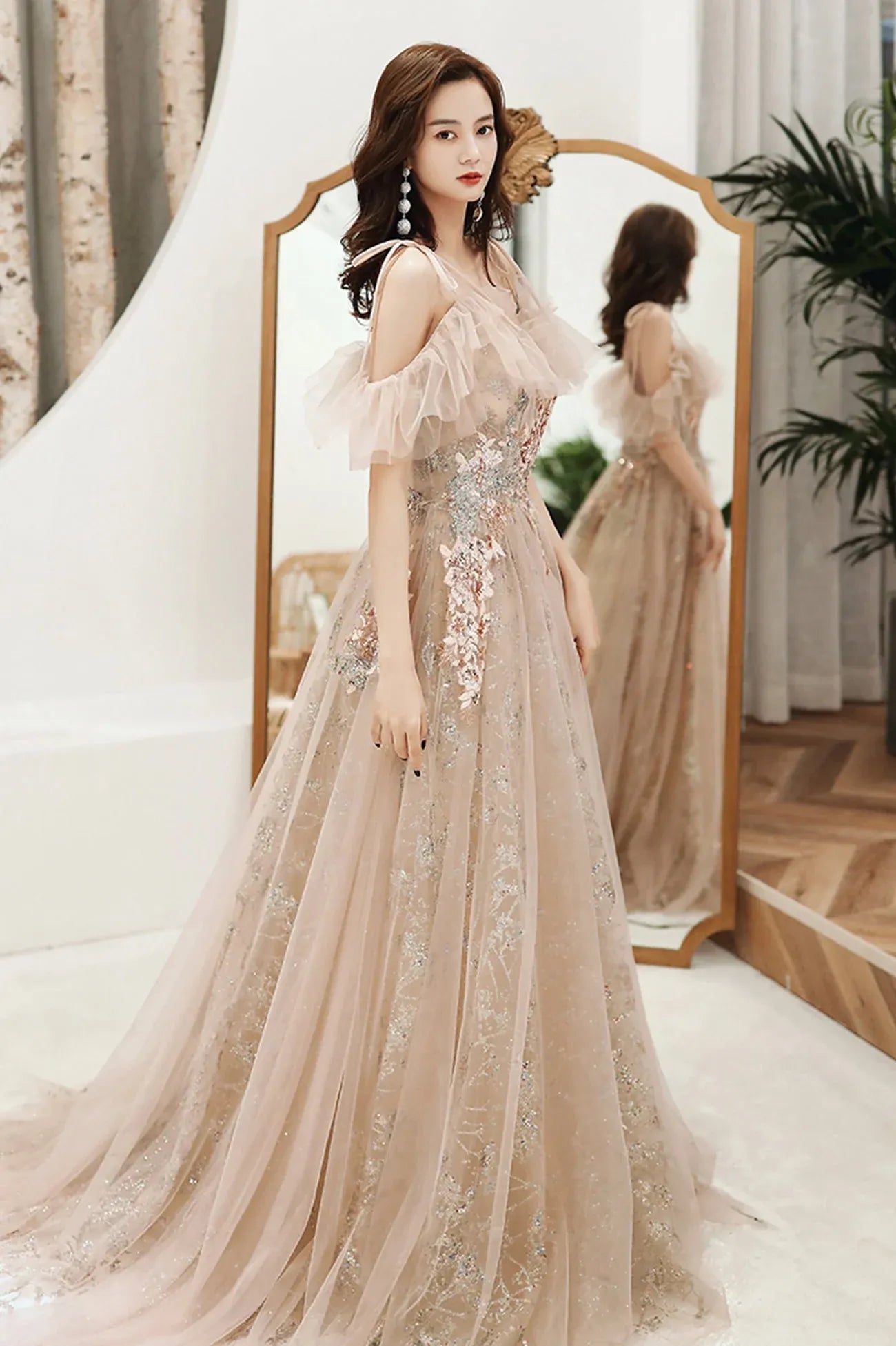 Elegant A-Line Off the Shoulder Sleeveless Lace Up Sweep/Brush Train Prom Dress