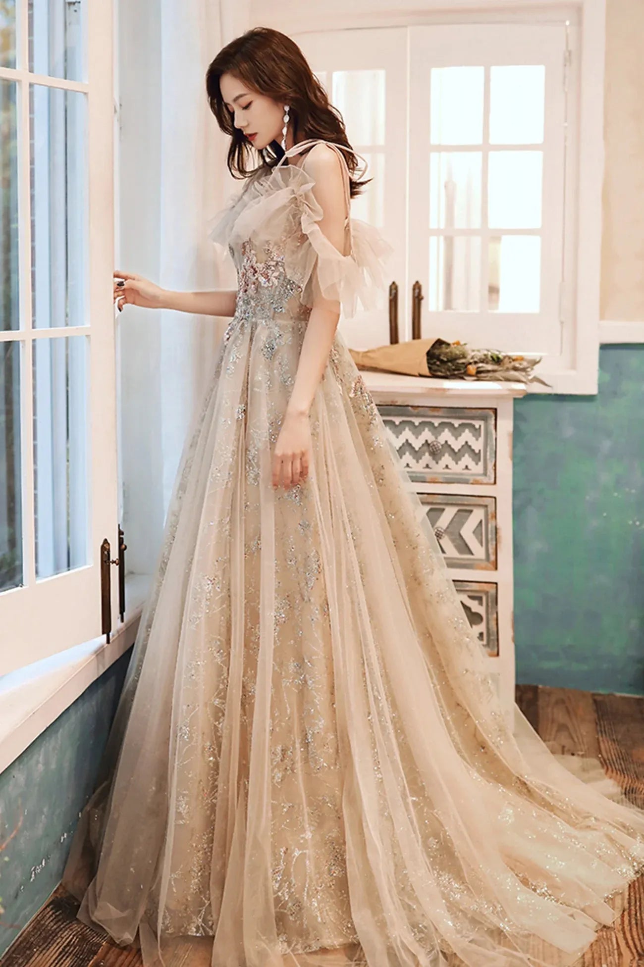 Elegant A-Line Off the Shoulder Sleeveless Lace Up Sweep/Brush Train Prom Dress