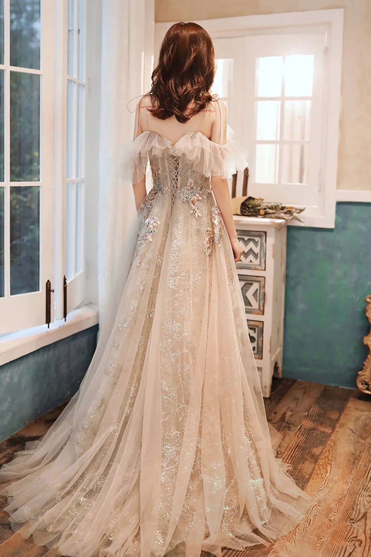 Elegant A-Line Off the Shoulder Sleeveless Lace Up Sweep/Brush Train Prom Dress