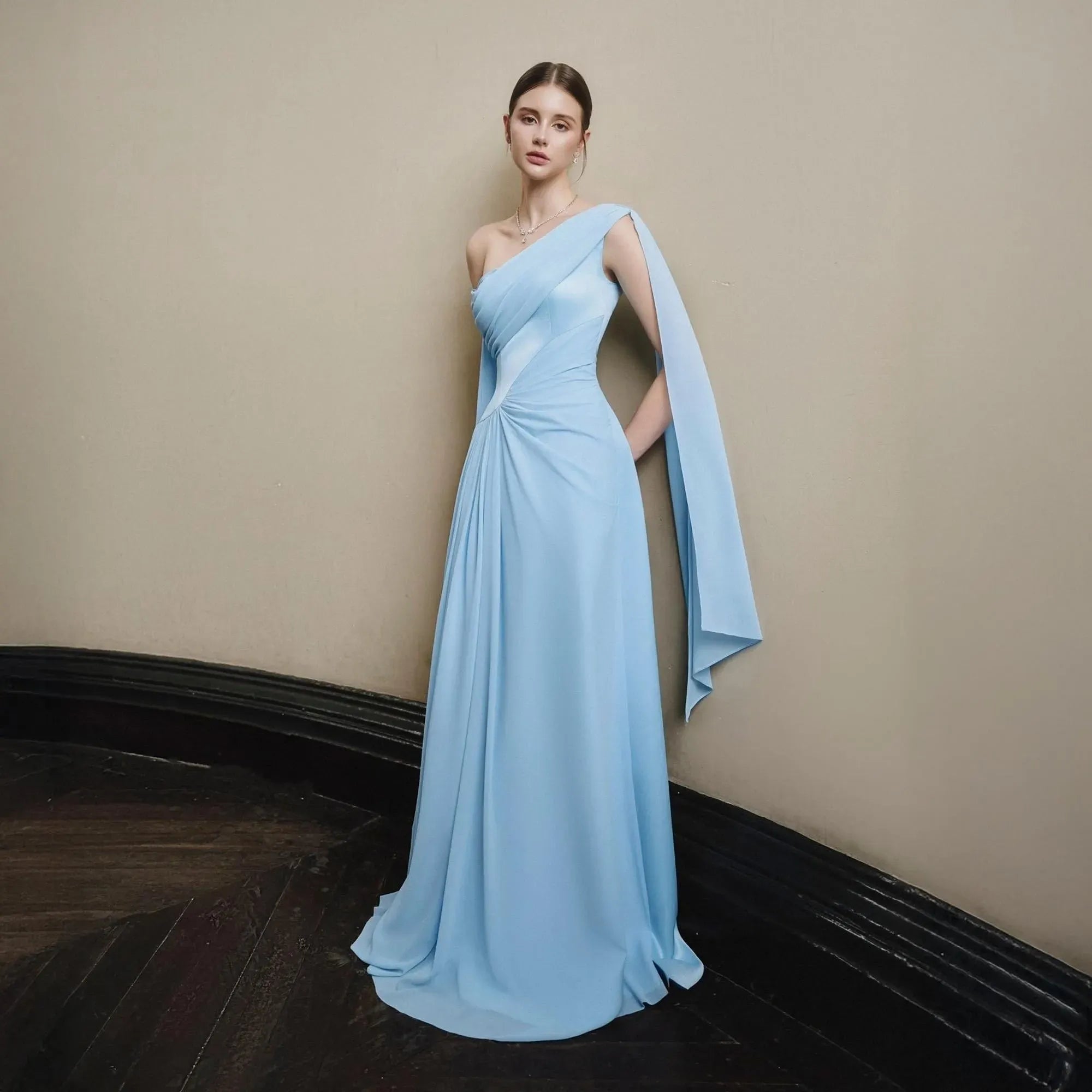 Elegant A-Line One-Shoulder Ruched Chiffon Light Blue Floor-Length Prom Dress