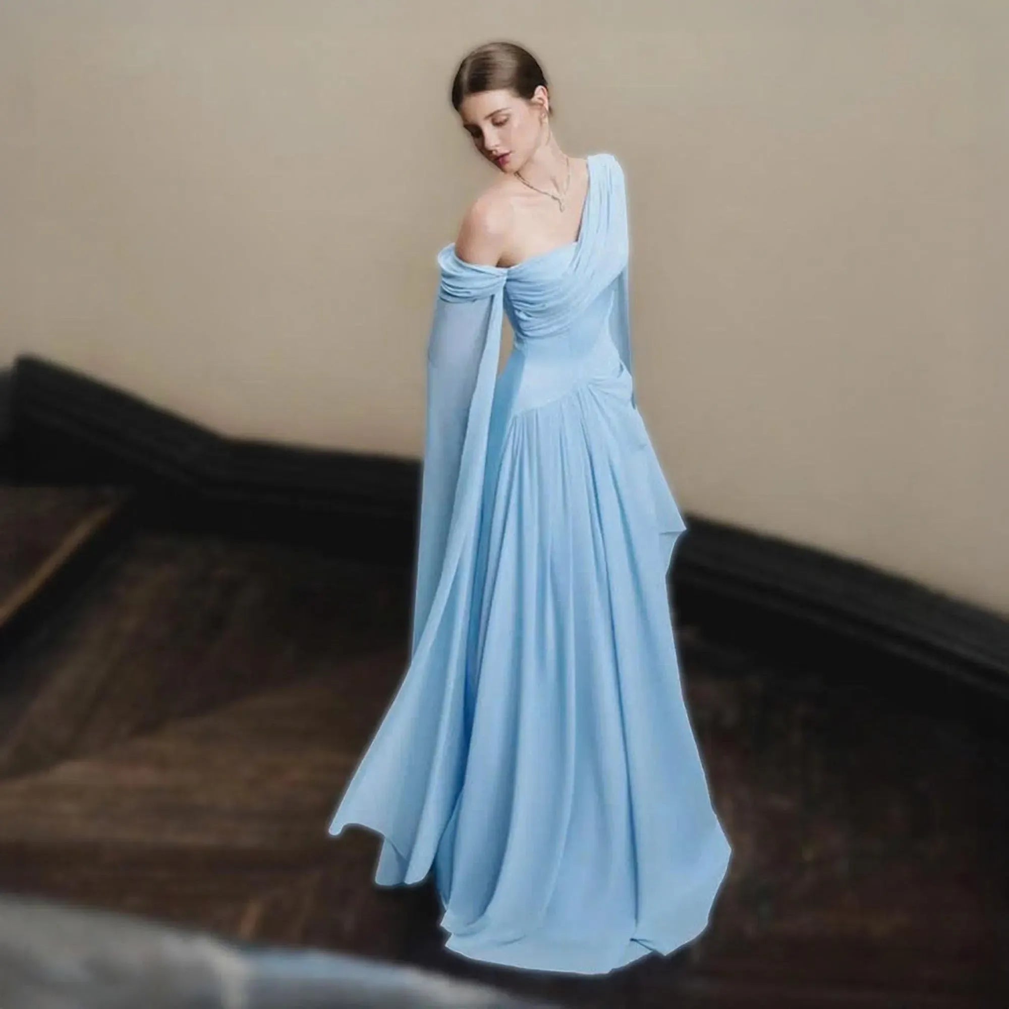 Elegant A-Line One-Shoulder Ruched Chiffon Light Blue Floor-Length Prom Dress