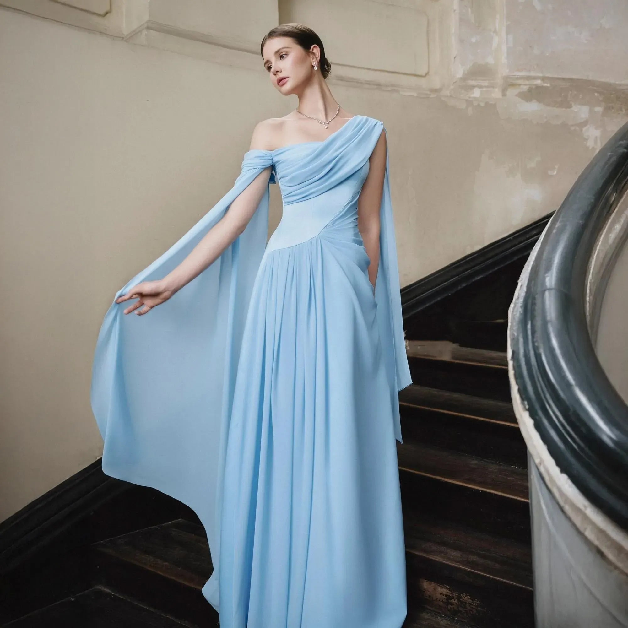 Elegant A-Line One-Shoulder Ruched Chiffon Light Blue Floor-Length Prom Dress