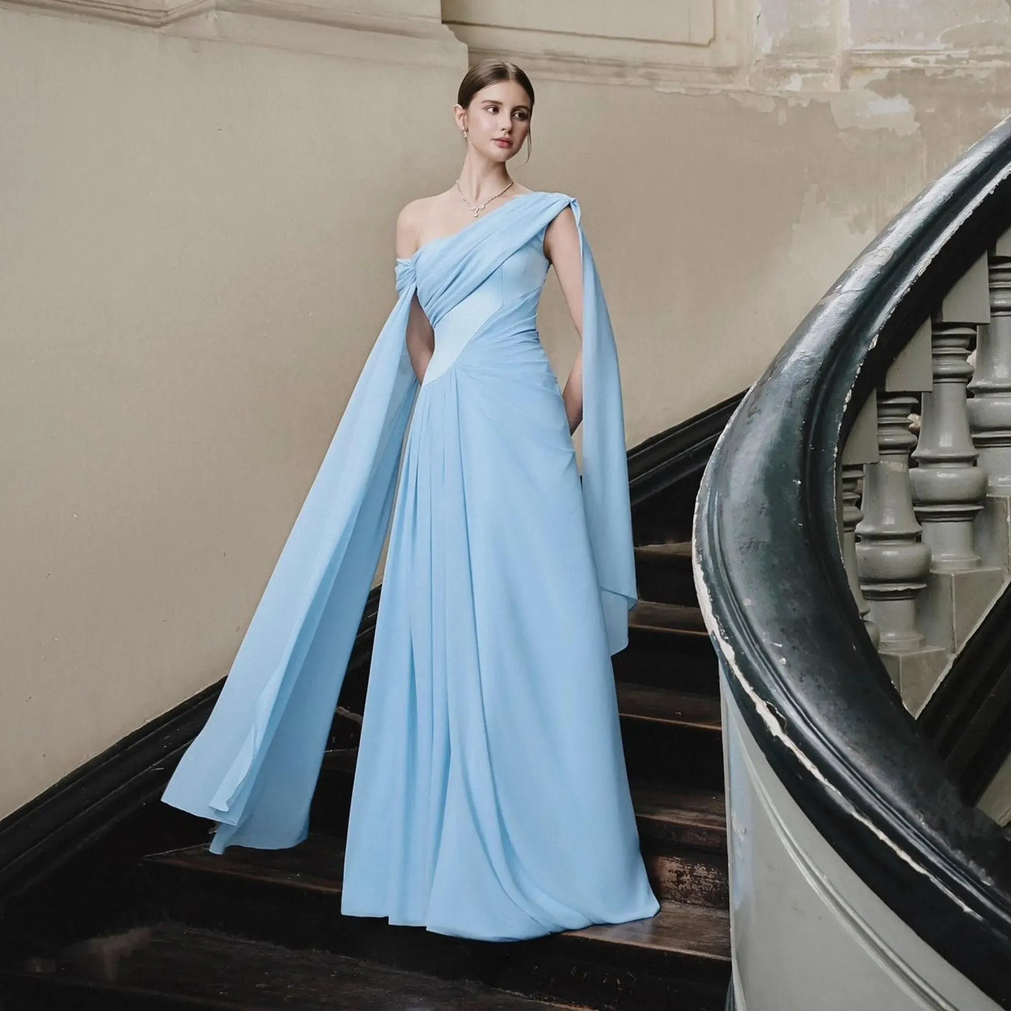 Elegant A-Line One-Shoulder Ruched Chiffon Light Blue Floor-Length Prom Dress