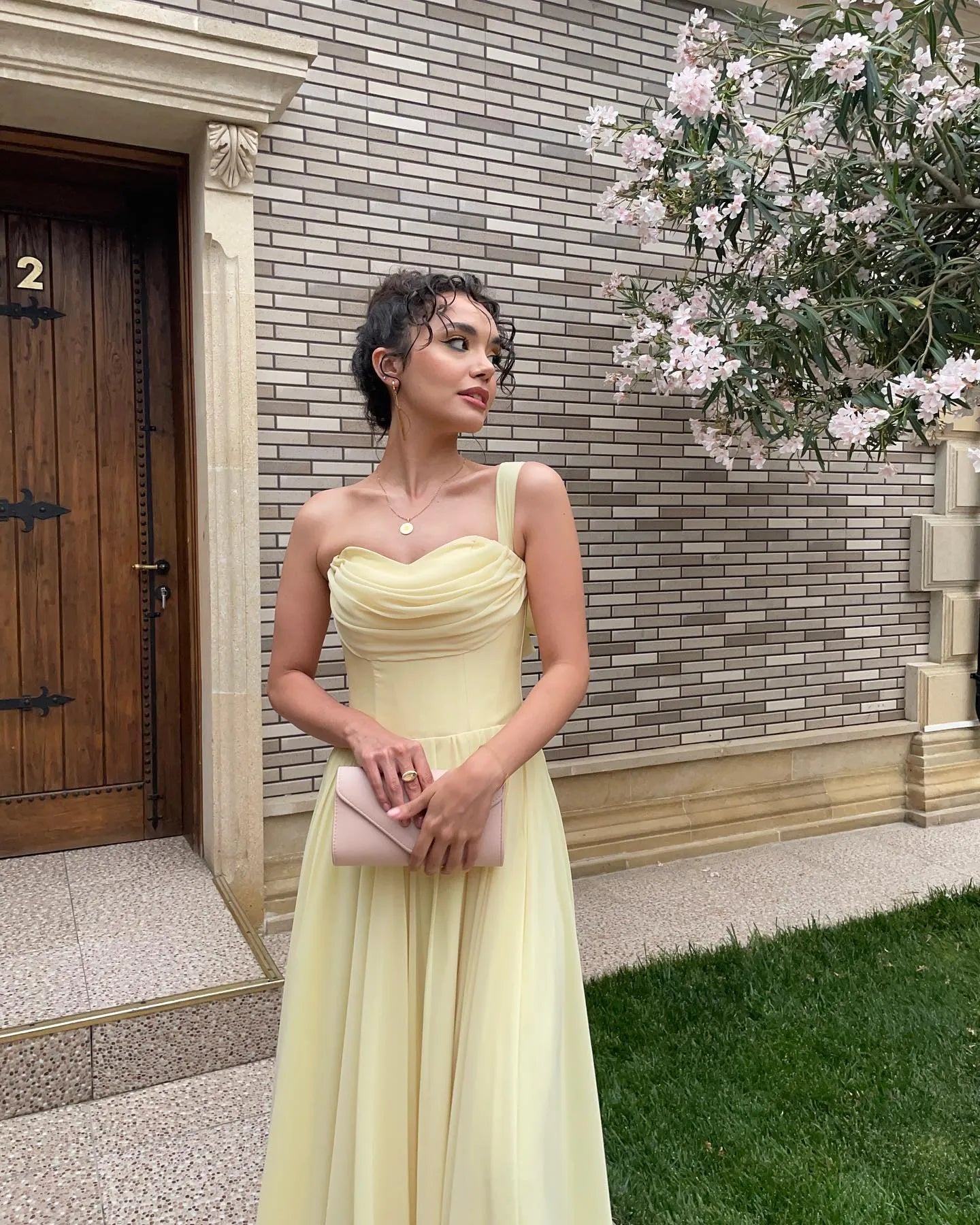 Elegant A-Line One Shoulder Bow Chiffon Yellow Long Prom Dress Hot Sale