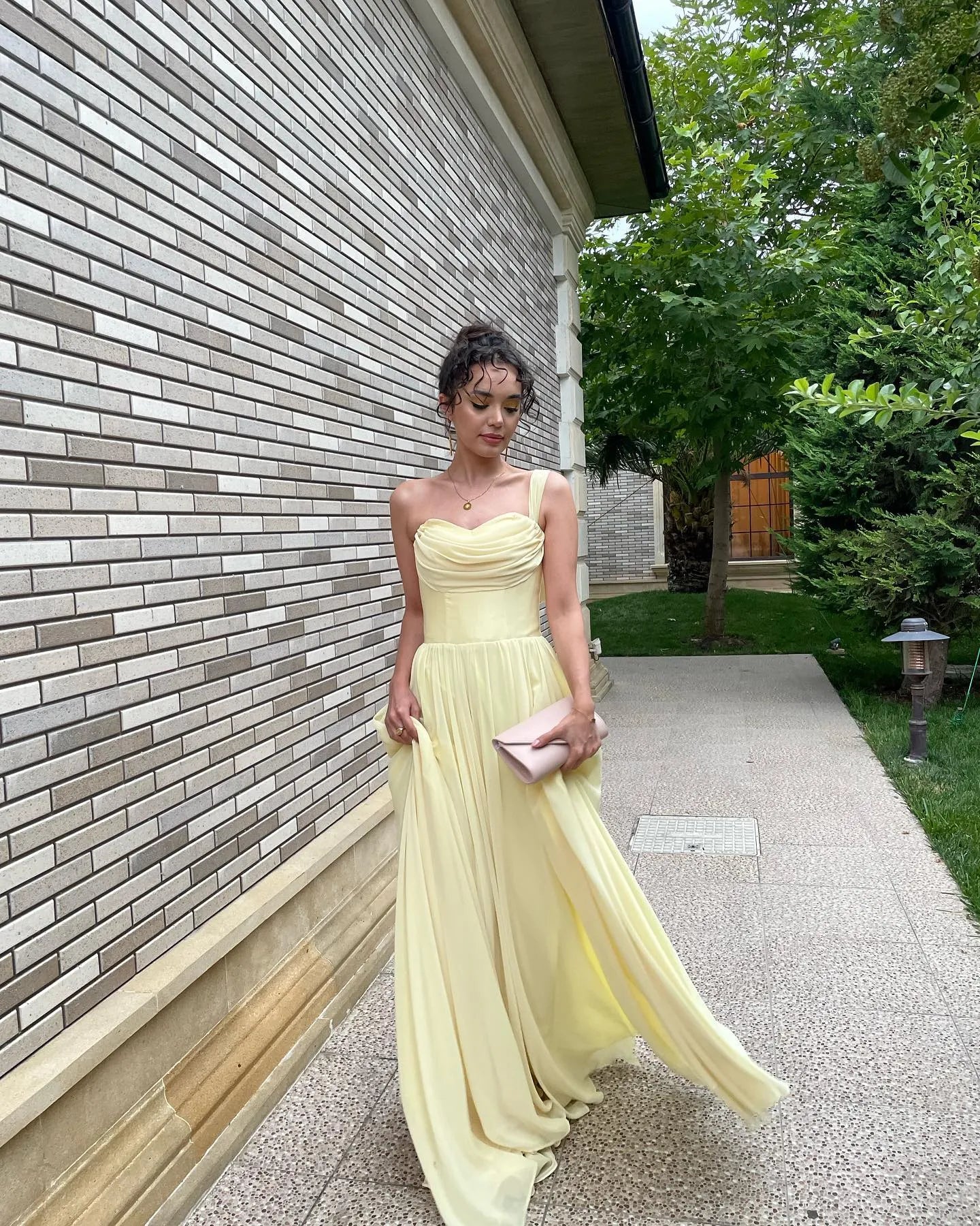 Elegant A-Line One Shoulder Bow Chiffon Yellow Long Prom Dress Hot Sale