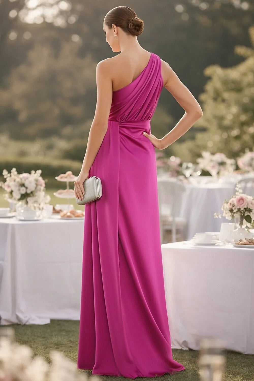 Elegant A-Line One Shoulder Ruched Slit Fuchsia Floor Length Prom Dress For Sale