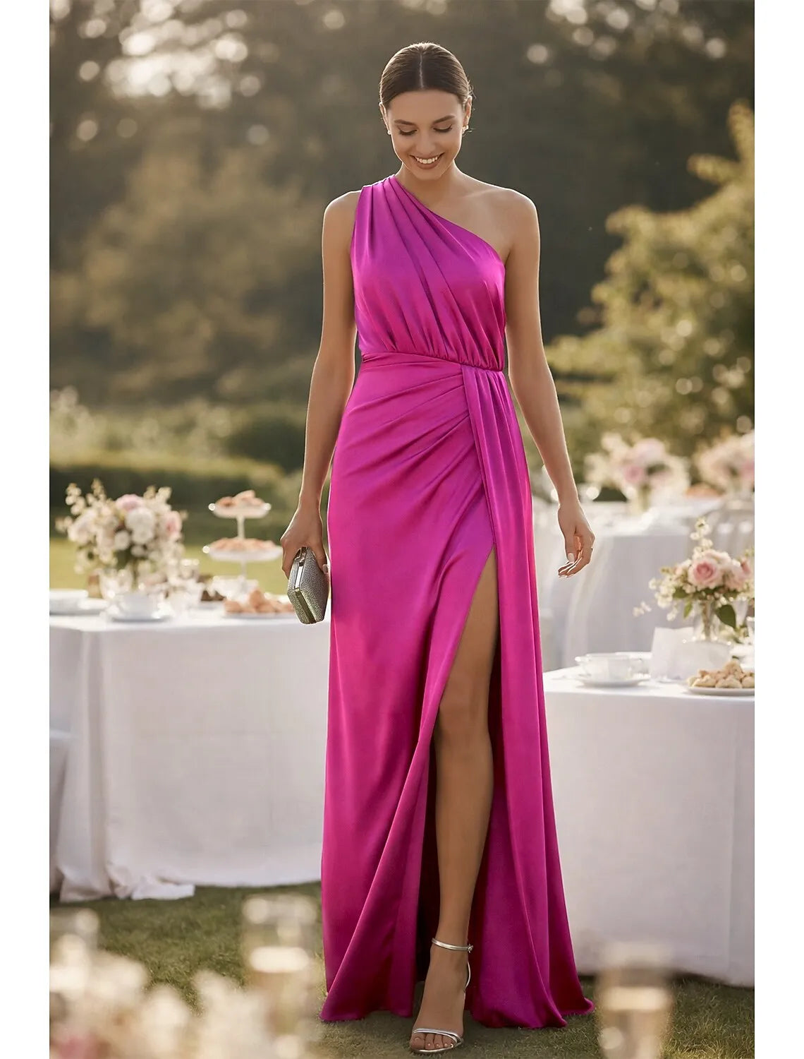 Elegant A-Line One Shoulder Ruched Slit Fuchsia Floor Length Prom Dress For Sale