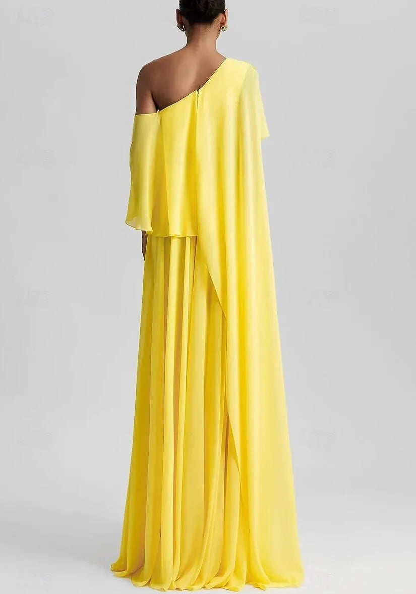 Elegant A-Line One Shoulder Ruffle Slit Yellow Floor Length Prom Dress For Sale