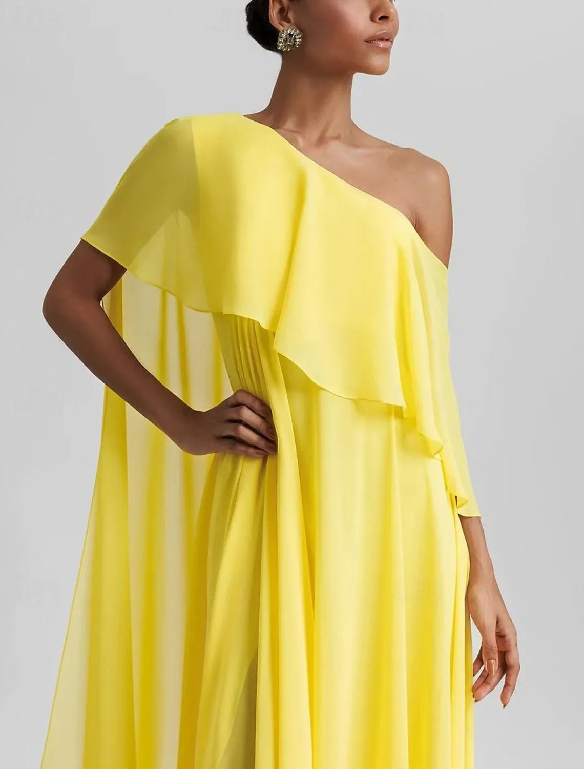 Elegant A-Line One Shoulder Ruffle Slit Yellow Floor Length Prom Dress For Sale