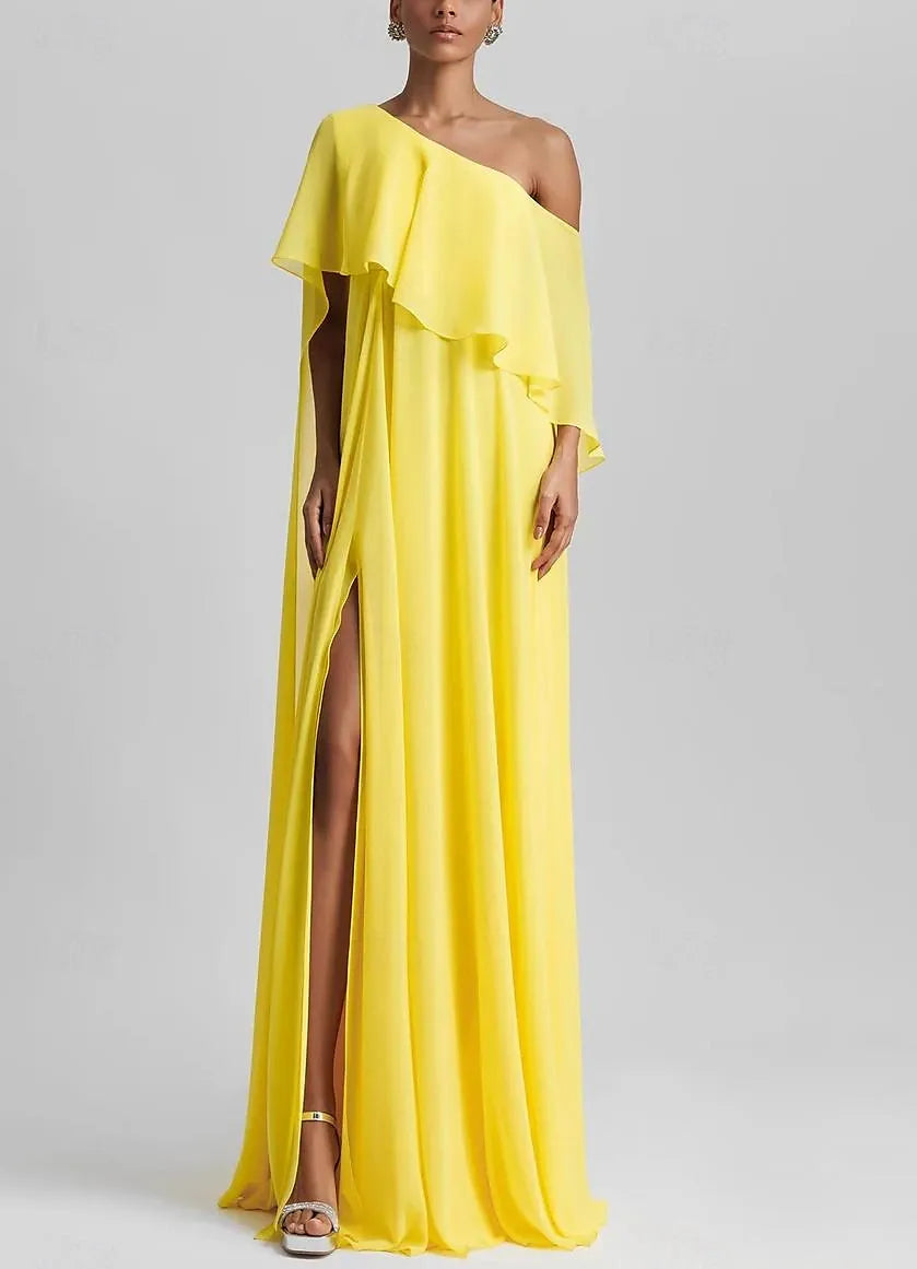 Elegant A-Line One Shoulder Ruffle Slit Yellow Floor Length Prom Dress For Sale