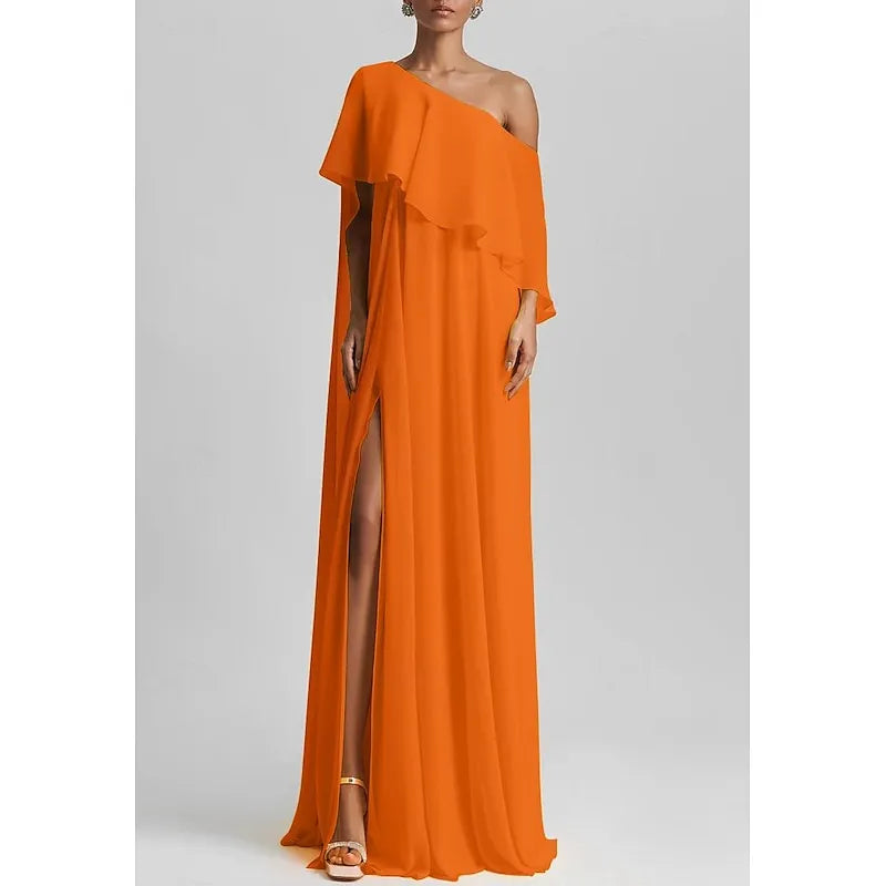 Elegant A-Line One Shoulder Ruffle Slit Yellow Floor Length Prom Dress For Sale