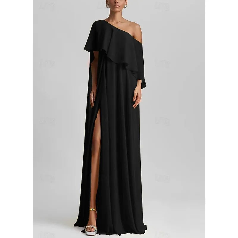 Elegant A-Line One Shoulder Ruffle Slit Yellow Floor Length Prom Dress For Sale