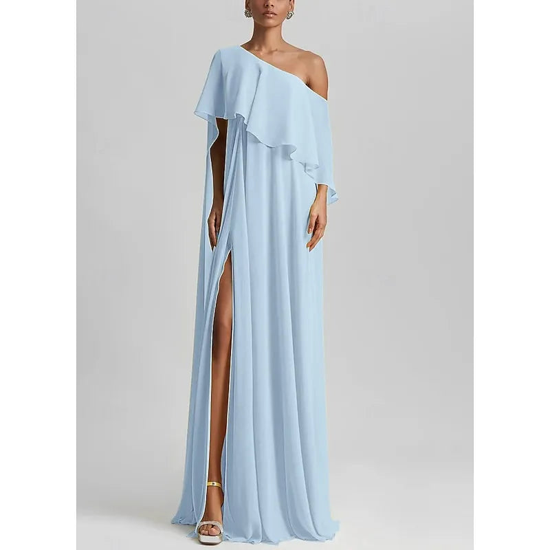 Elegant A-Line One Shoulder Ruffle Slit Yellow Floor Length Prom Dress For Sale