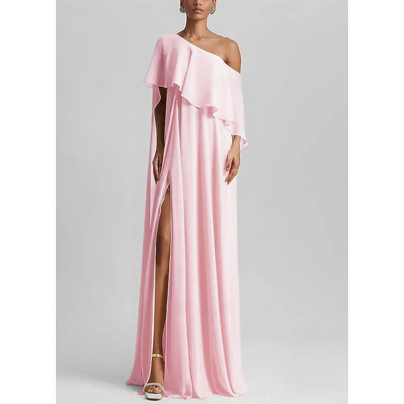 Elegant A-Line One Shoulder Ruffle Slit Yellow Floor Length Prom Dress For Sale