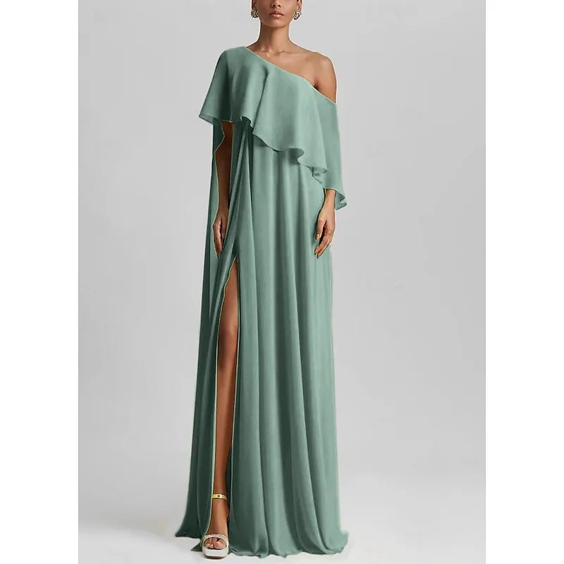 Elegant A-Line One Shoulder Ruffle Slit Yellow Floor Length Prom Dress For Sale