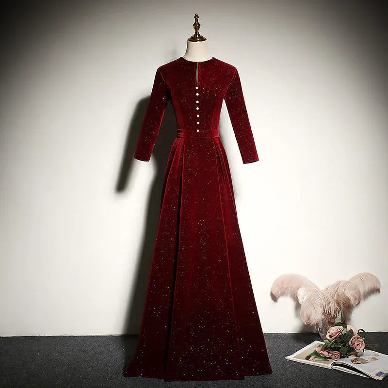 Elegant A-Line Round-Neck Long-Sleeve Glittered Velvet Burgundy Maxi Evening Dress for Women