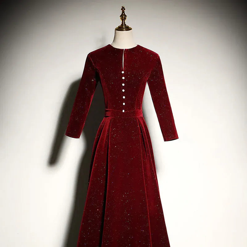 Elegant A-Line Round-Neck Long-Sleeve Glittered Velvet Burgundy Maxi Evening Dress for Women