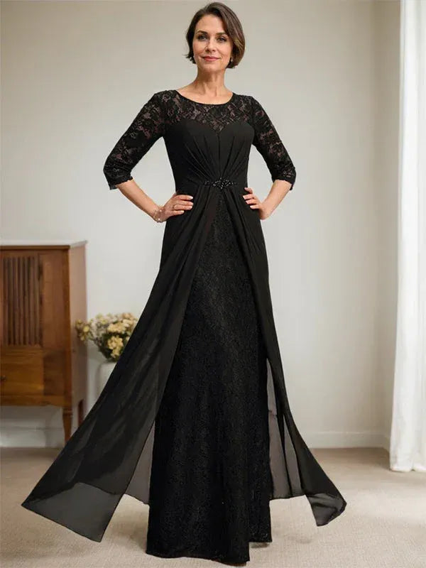 Elegant A-Line Round Neck 3/4 Sleeve Beaded Black Floor-Length Mother of the Bride Dresses For Women Ready To Ship