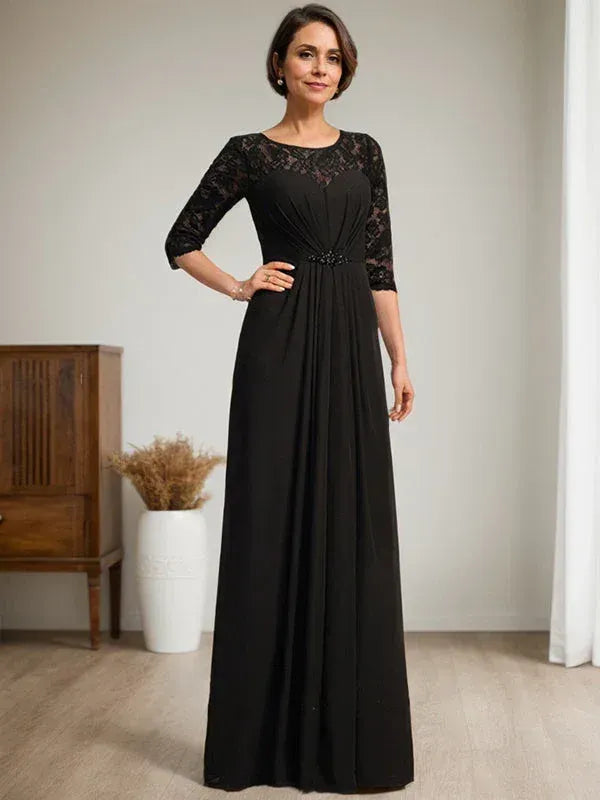 Elegant A-Line Round Neck 3/4 Sleeve Beaded Black Floor-Length Mother of the Bride Dresses For Women Ready To Ship
