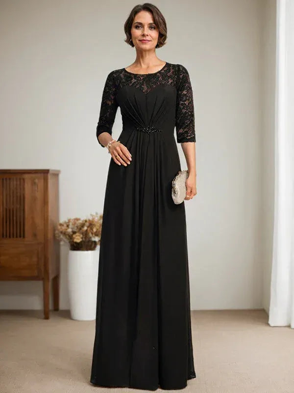 Elegant A-Line Round Neck 3/4 Sleeve Beaded Black Floor-Length Mother of the Bride Dresses For Women Ready To Ship